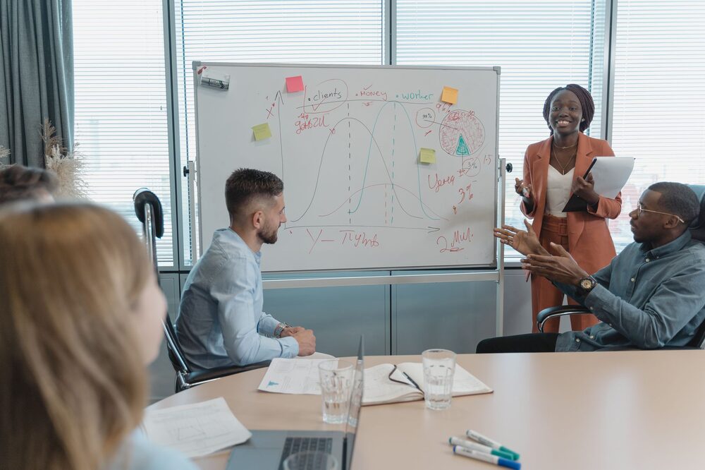 Consultants mapping a strategy framework on a whiteboard