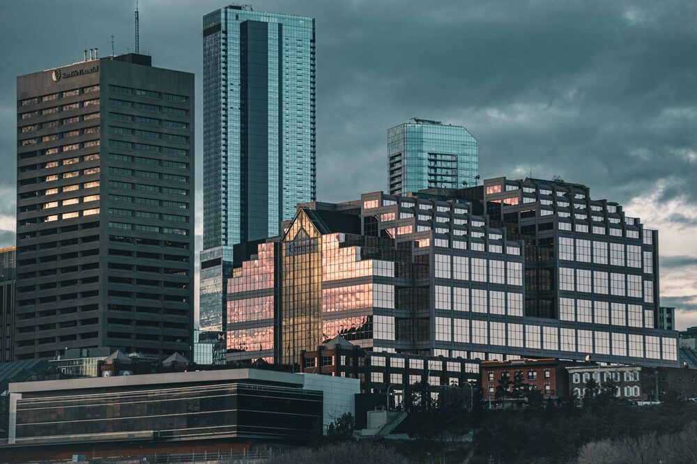 Downtown Edmonton office skyline at dusk